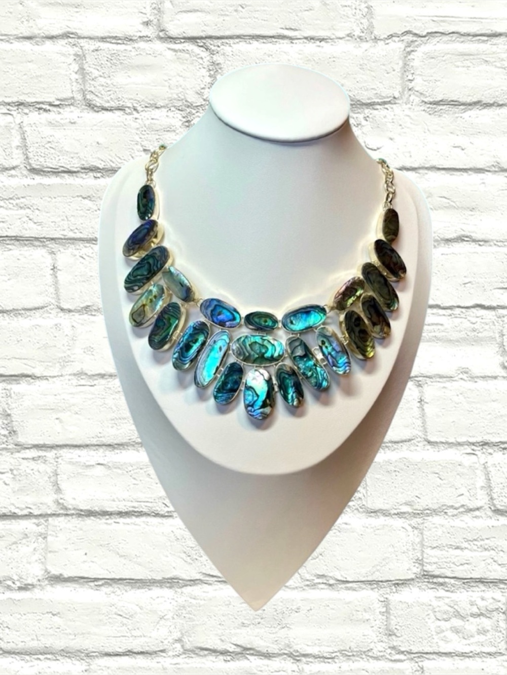 Abalone Shell Bib Statement Necklace 19” Silver-Coated Brass 23-Piece